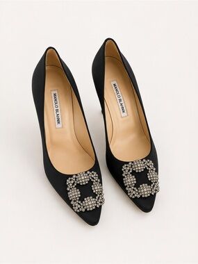 Manolo Blahnik Black Satin Crystal Buckle Pumps Heels Size 39 / US 9